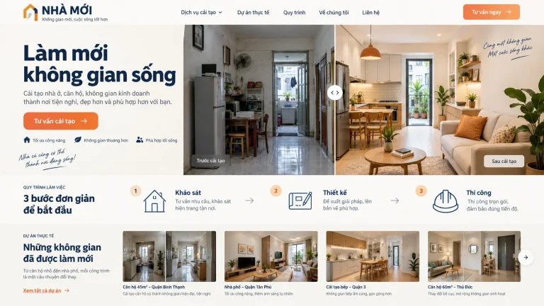 Ảnh thiết kế trang chủ website cải tạo nhà với hình ảnh trước và sau cải tạo