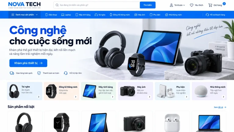 Ảnh thiết kế trang chủ cửa hàng điện tử với tai nghe, đồng hồ, máy tính bảng và danh mục