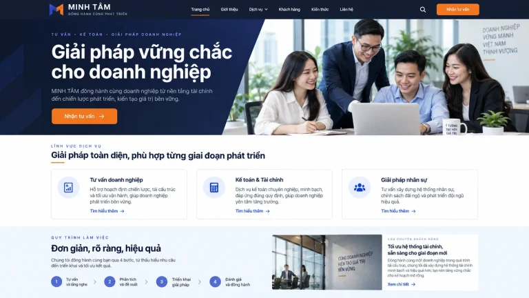 Ảnh thiết kế trang chủ mẫu website doanh nghiệp dịch vụ với giới thiệu giải pháp và lời mời tư vấn