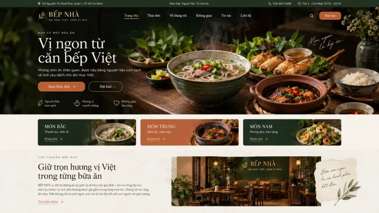 Ảnh thiết kế trang chủ mẫu website nhà hàng với món ăn, thực đơn và nút đặt bàn