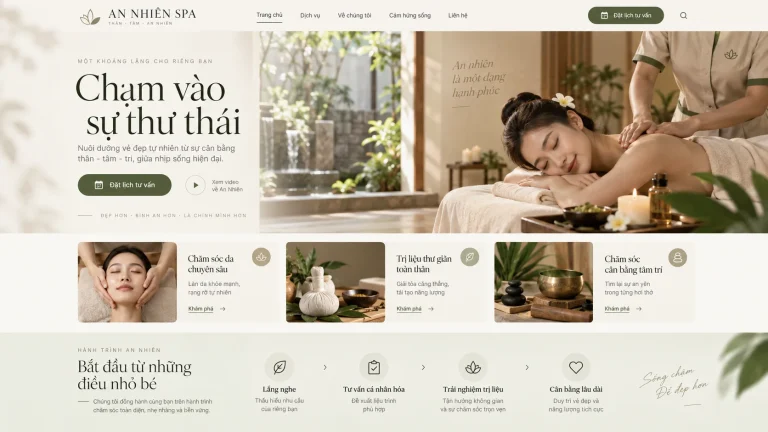 Ảnh thiết kế trang chủ mẫu website spa với dịch vụ chăm sóc và nút đặt lịch