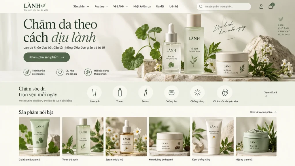 Mẫu website mỹ phẩm chăm sóc da – Danh mục theo routine