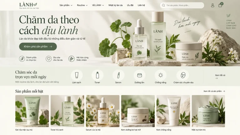 Ảnh thiết kế trang chủ website mỹ phẩm chăm sóc da với serum, danh mục routine và sản phẩm