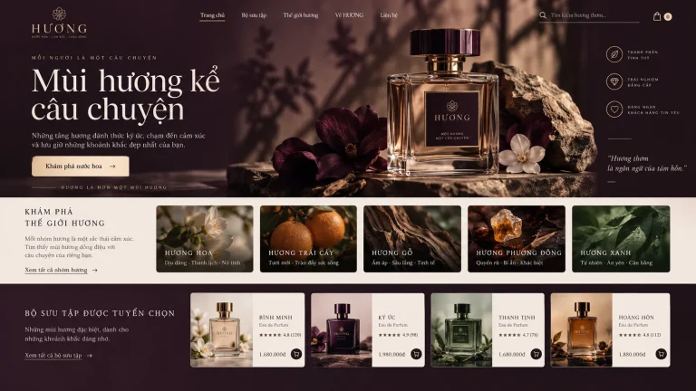 Ảnh thiết kế trang chủ website bán nước hoa với chai nước hoa và nhóm hương