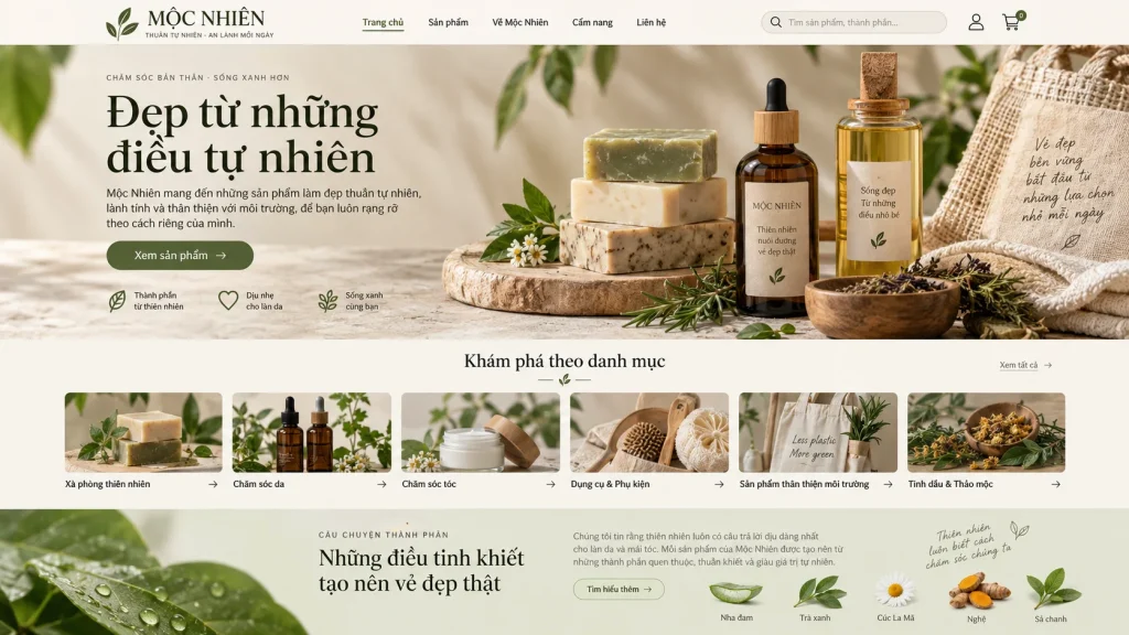 Mẫu website mỹ phẩm thiên nhiên – Câu chuyện thành phần
