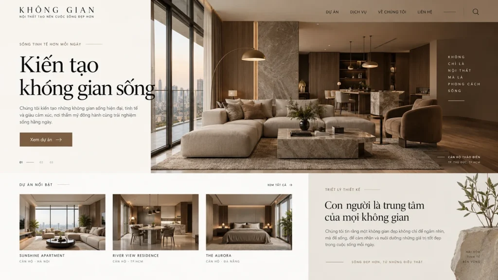 Mẫu website studio thiết kế nội thất – Trưng bày dự án
