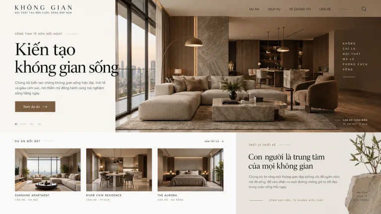 Ảnh thiết kế trang chủ website studio nội thất với không gian phòng khách và bộ sưu tập dự án