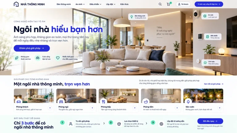 Ảnh thiết kế trang chủ bán thiết bị nhà thông minh với phòng khách, đèn và cảm biến