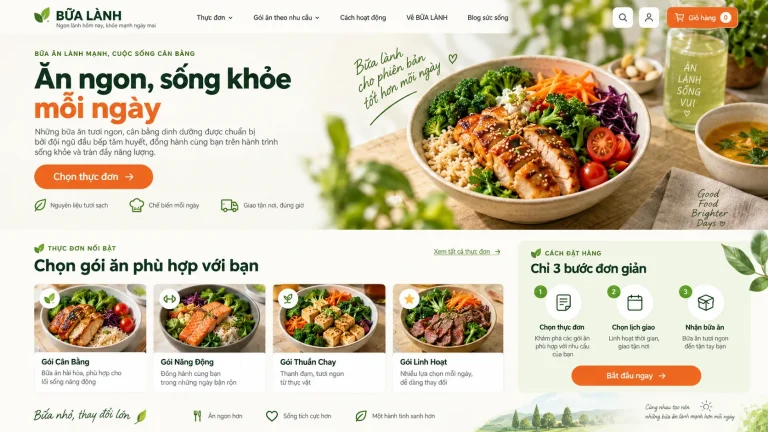 Ảnh thiết kế trang chủ bán suất ăn lành mạnh với các phần ăn và quy trình đặt hàng