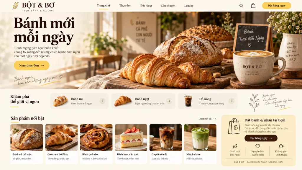Mẫu website tiệm bánh và cà phê – Thực đơn đặt trước