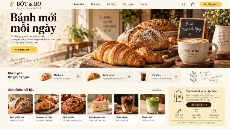 Ảnh thiết kế trang chủ tiệm bánh cà phê với bánh mì, bánh ngọt và thực đơn