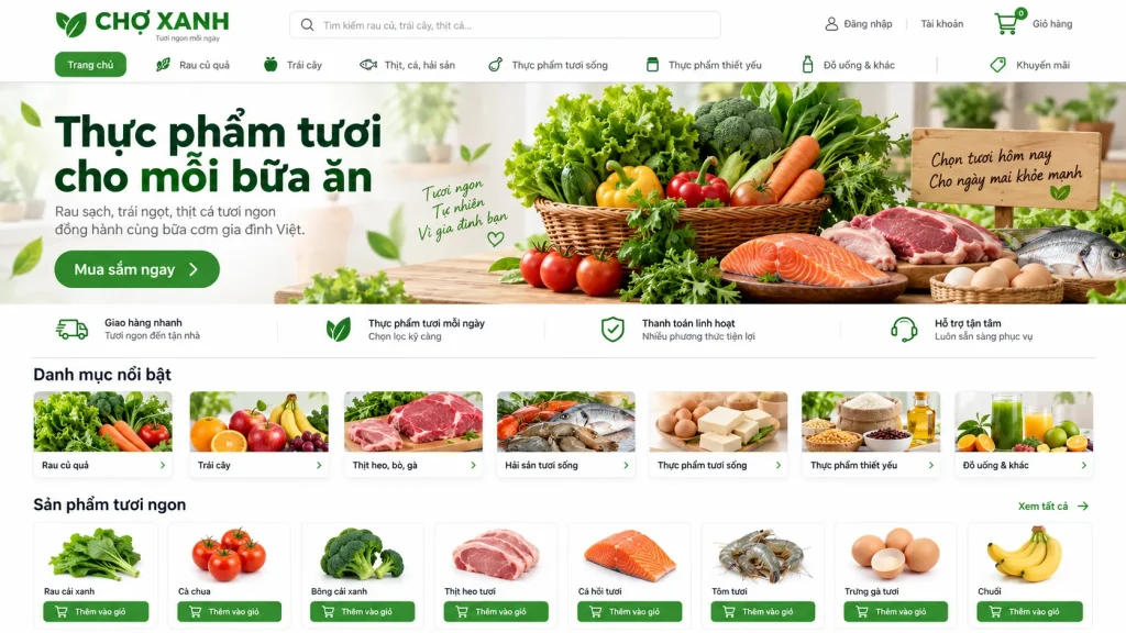 Mẫu website thực phẩm tươi sống – Danh mục mua sắm