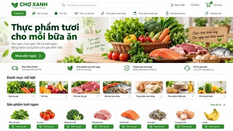 Ảnh thiết kế trang chủ bán thực phẩm tươi với rau củ, trái cây, thịt cá và giỏ hàng
